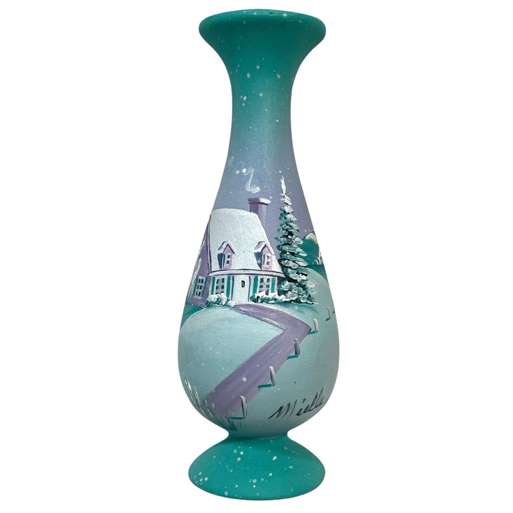 Vintage 1980s Mielle Hand Painted Quebec Folk Art Vase Canadian Turquoise Winter